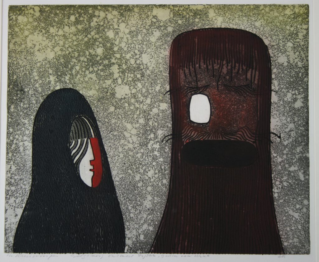 Harry van Kruiningen Gilgamesj ontmoet Isjtar, godin van Uruk, 1963 Ets (kleur) op papier 31 x 37,5 cm (Gilgamesj epos) © foto Ulco Janssen